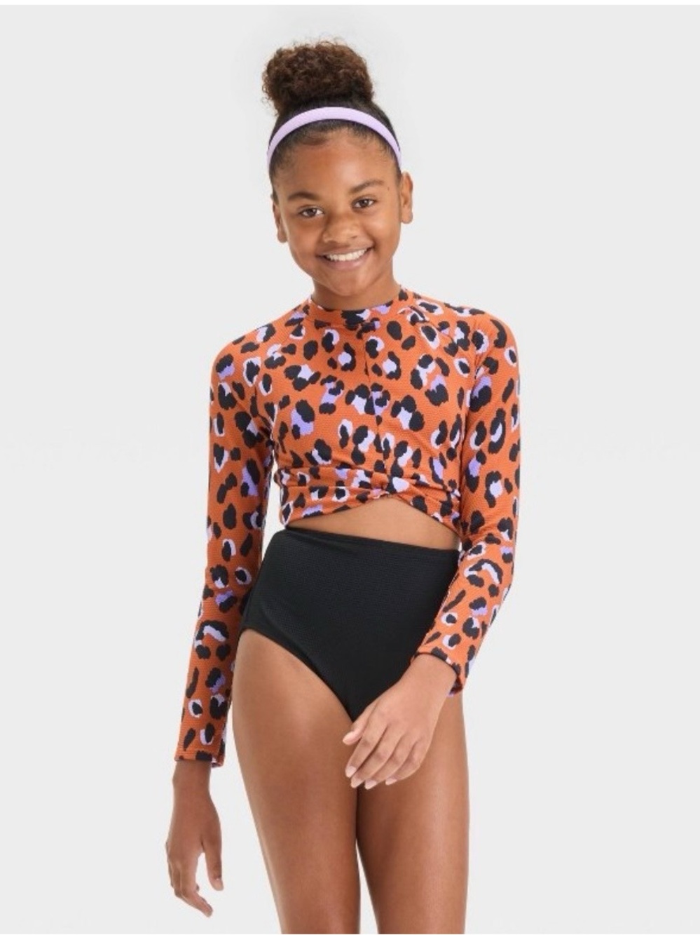 Art class Kids Long Sleeve Rash Guard Swim one piece Orange Leopard NWOT size XL
